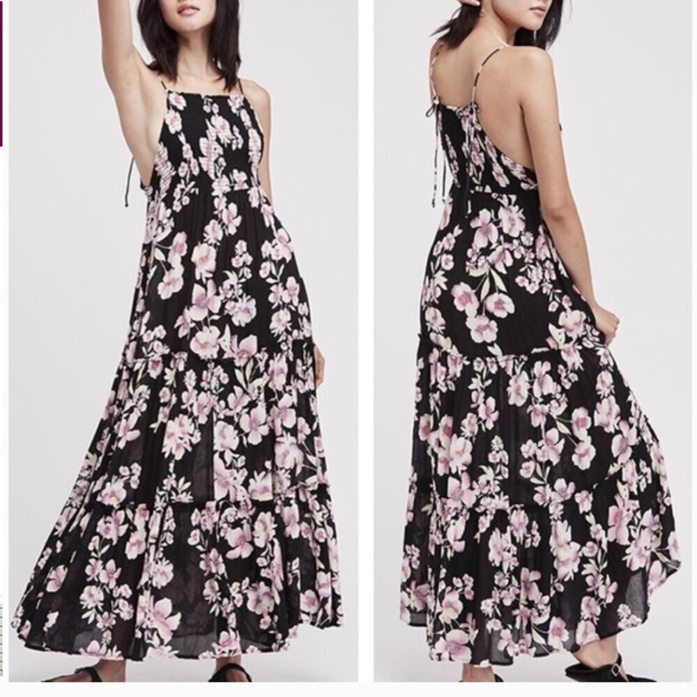 Free People Garden Party Maxi Dress Long Sleeveless Floral Pink Black Small